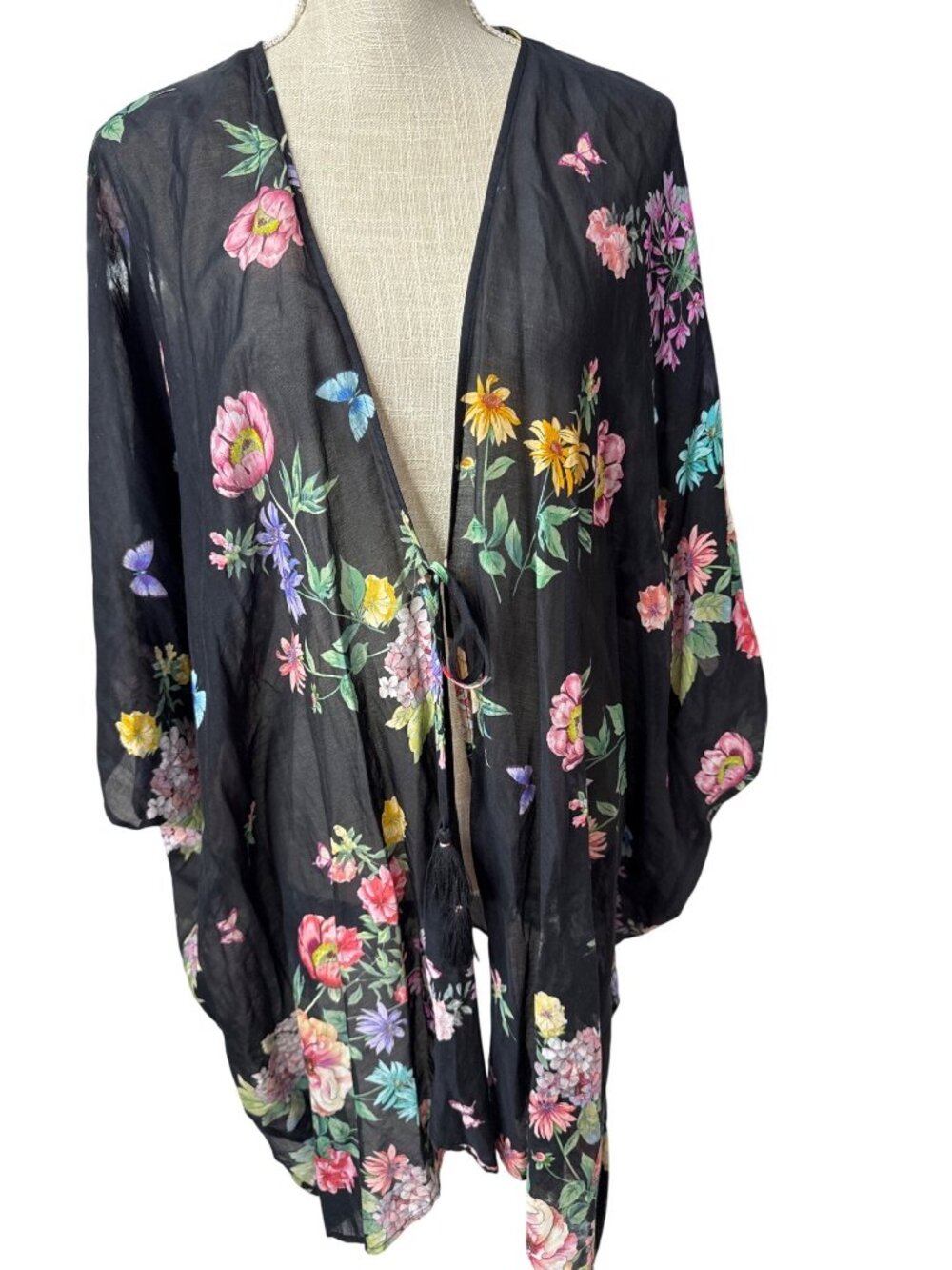 Johnny Was Floral Sheer Black Kimono Cardigan With Tassel Tie Closure Lightweigh